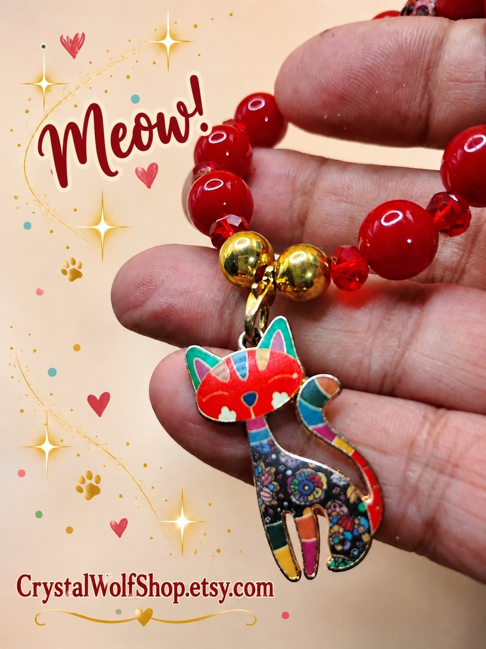 CrystalWolfShop Red Beaded Cat Charm Bracelet with Gold Accents
